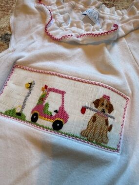 Vive La Fete White Smocked Girl’s Top with Pink golf cart & Puppy Smocking 4T